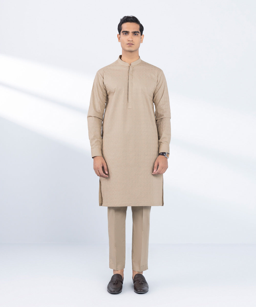 Men's Stitched Embroidered Beige 2 PC Suit 