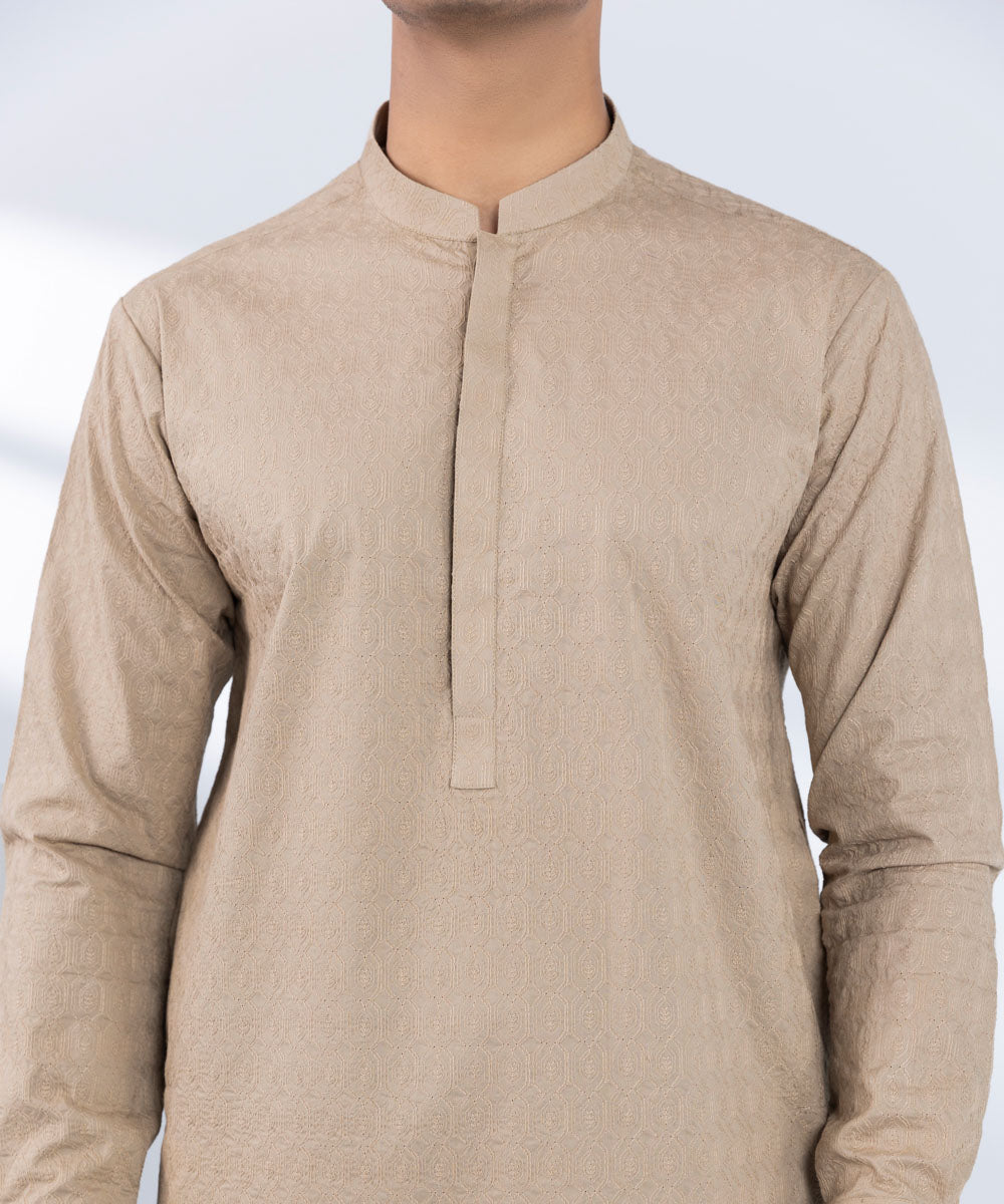 Men's Stitched Embroidered Beige 2 PC Suit 