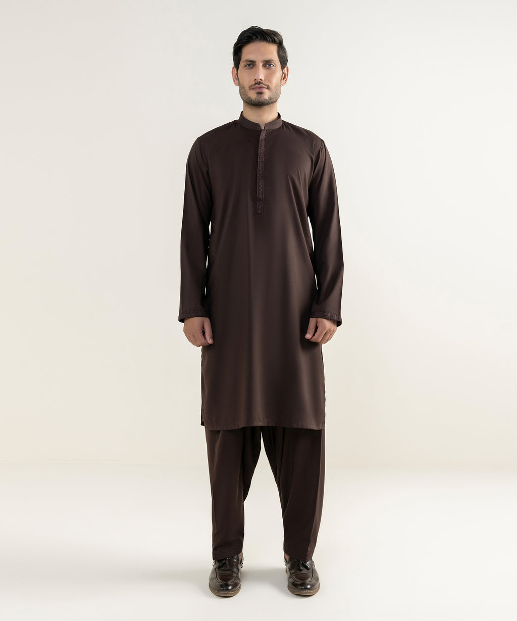 Men's Viscose Embroidered Maroon Kurta Shalwar