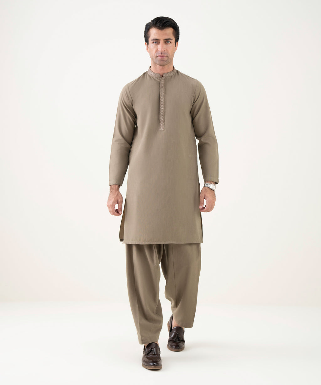 Men's Viscose Embroidered Beige Kurta Shalwar 