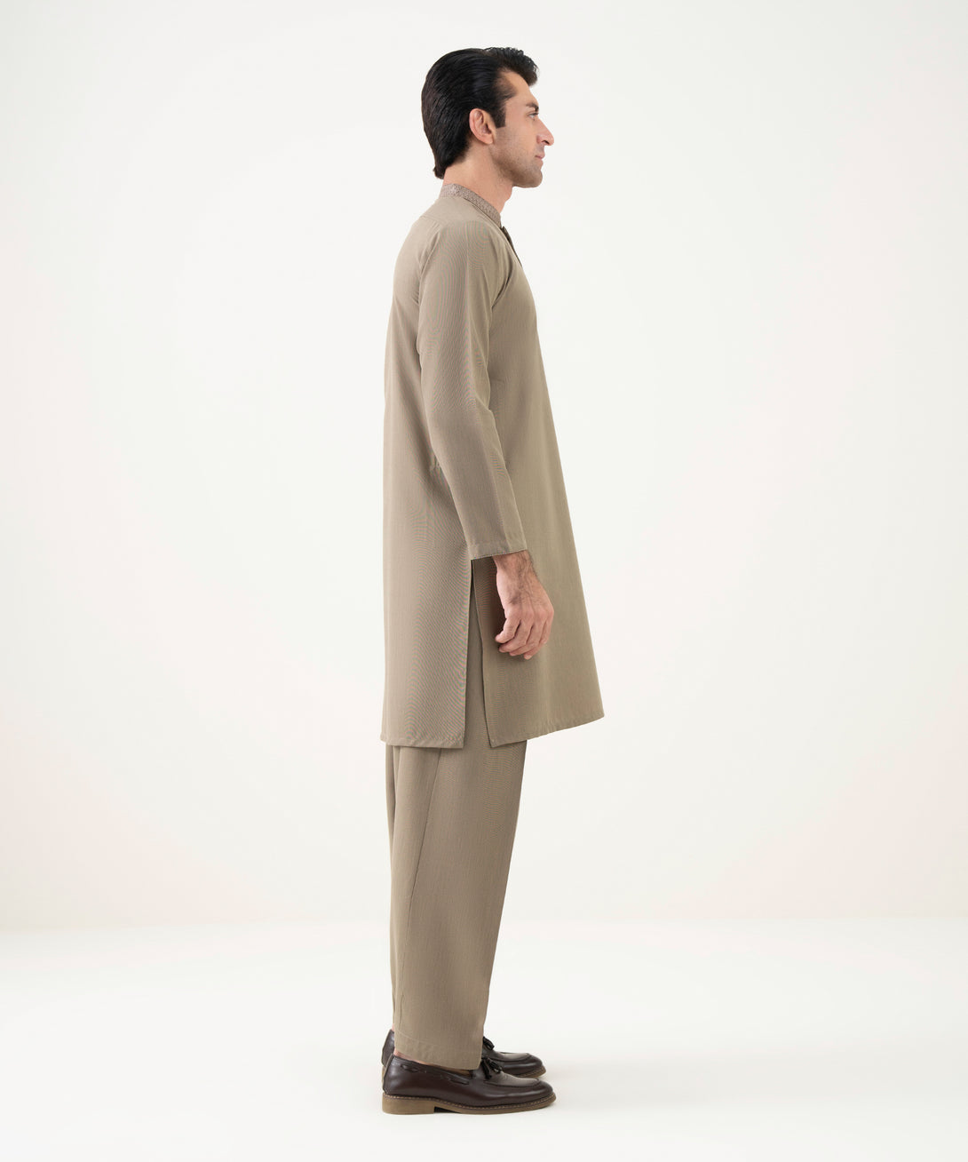 Men's Viscose Embroidered Beige Kurta Shalwar 