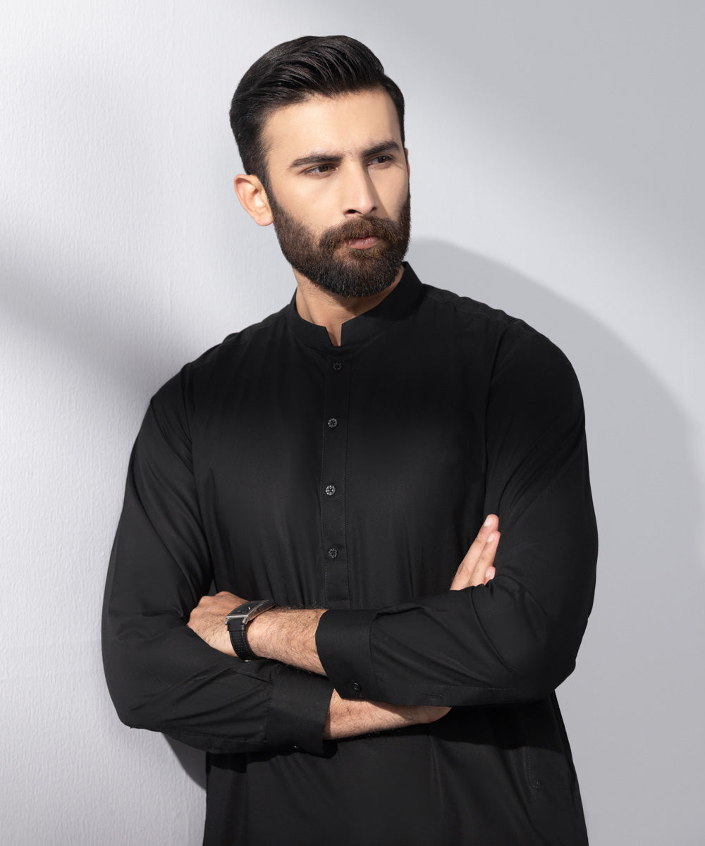 Men's Stitched 2 PC Black Cotton Suit