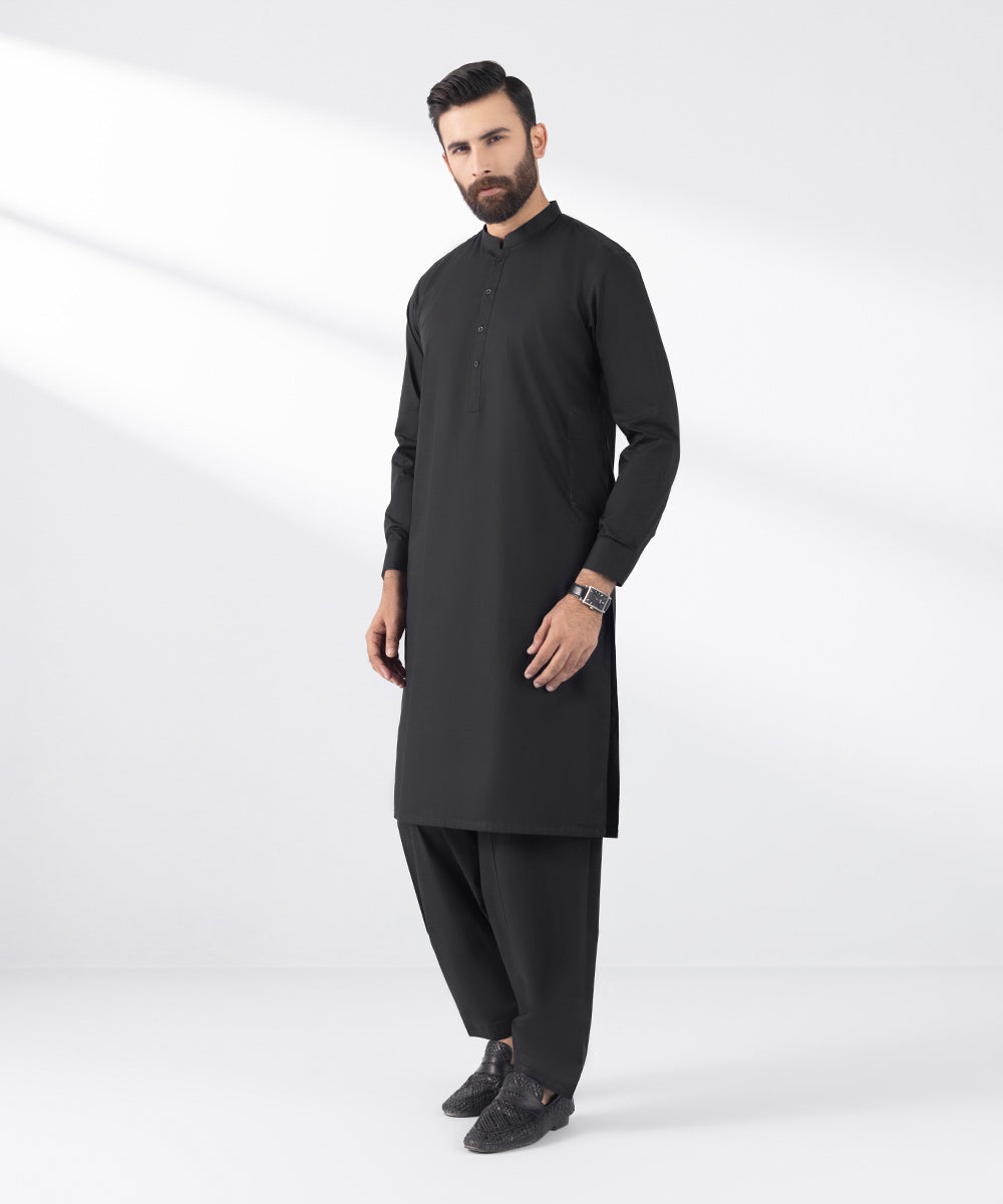 Men's Stitched 2 PC Black Cotton Suit