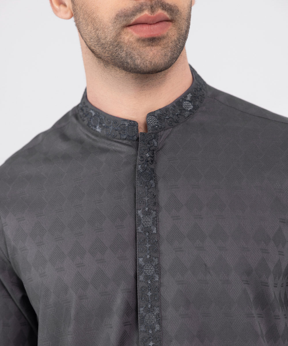 Men's Stitched Grey Embroidered Cotton Jacquard Kurta