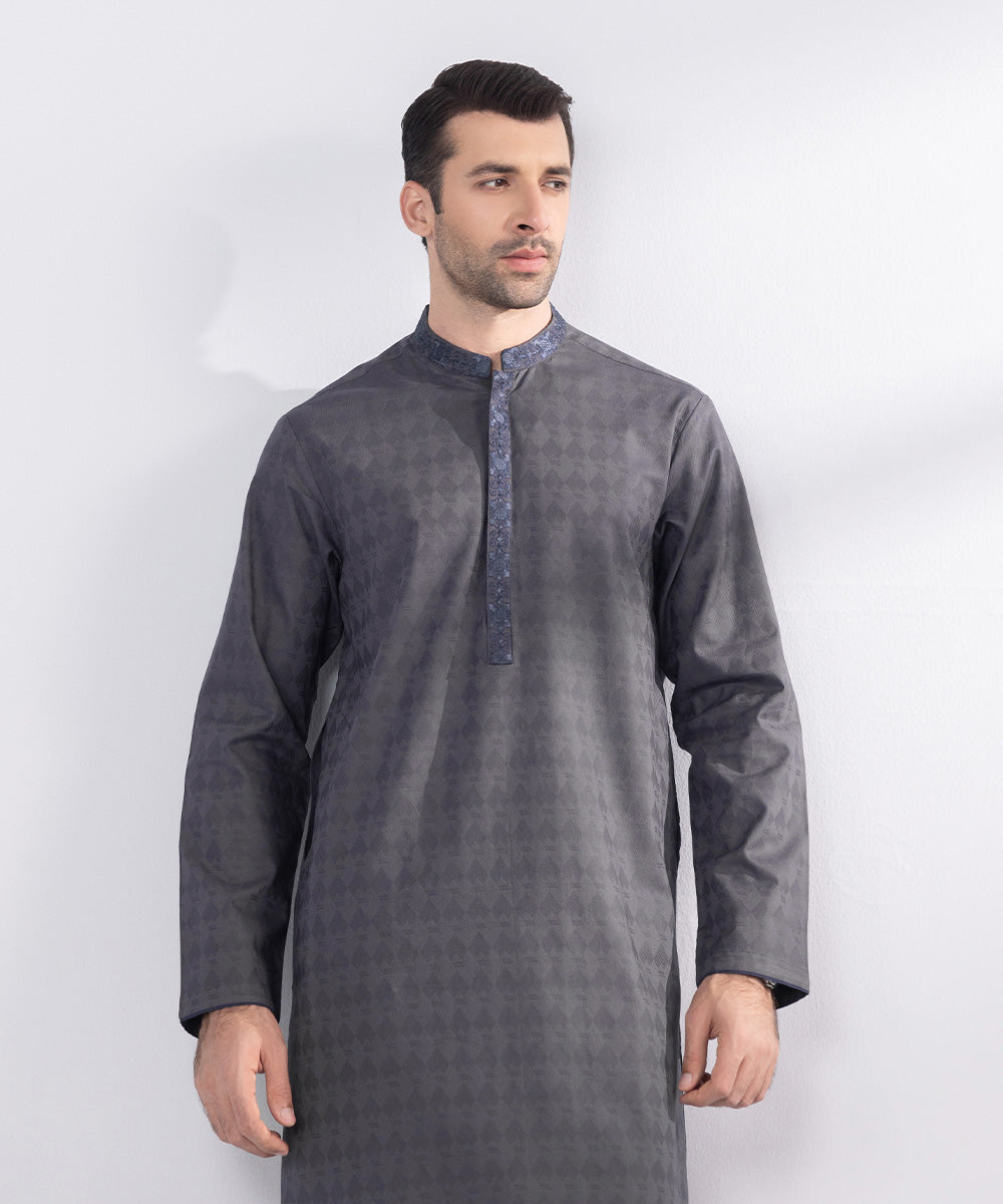 Men's Stitched Grey Embroidered Cotton Jacquard Kurta