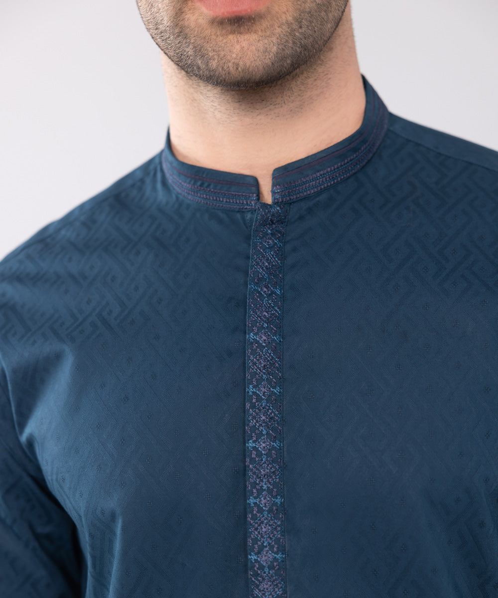 Men's Stitched Blue Embroidered Cotton Jacquard Kurta