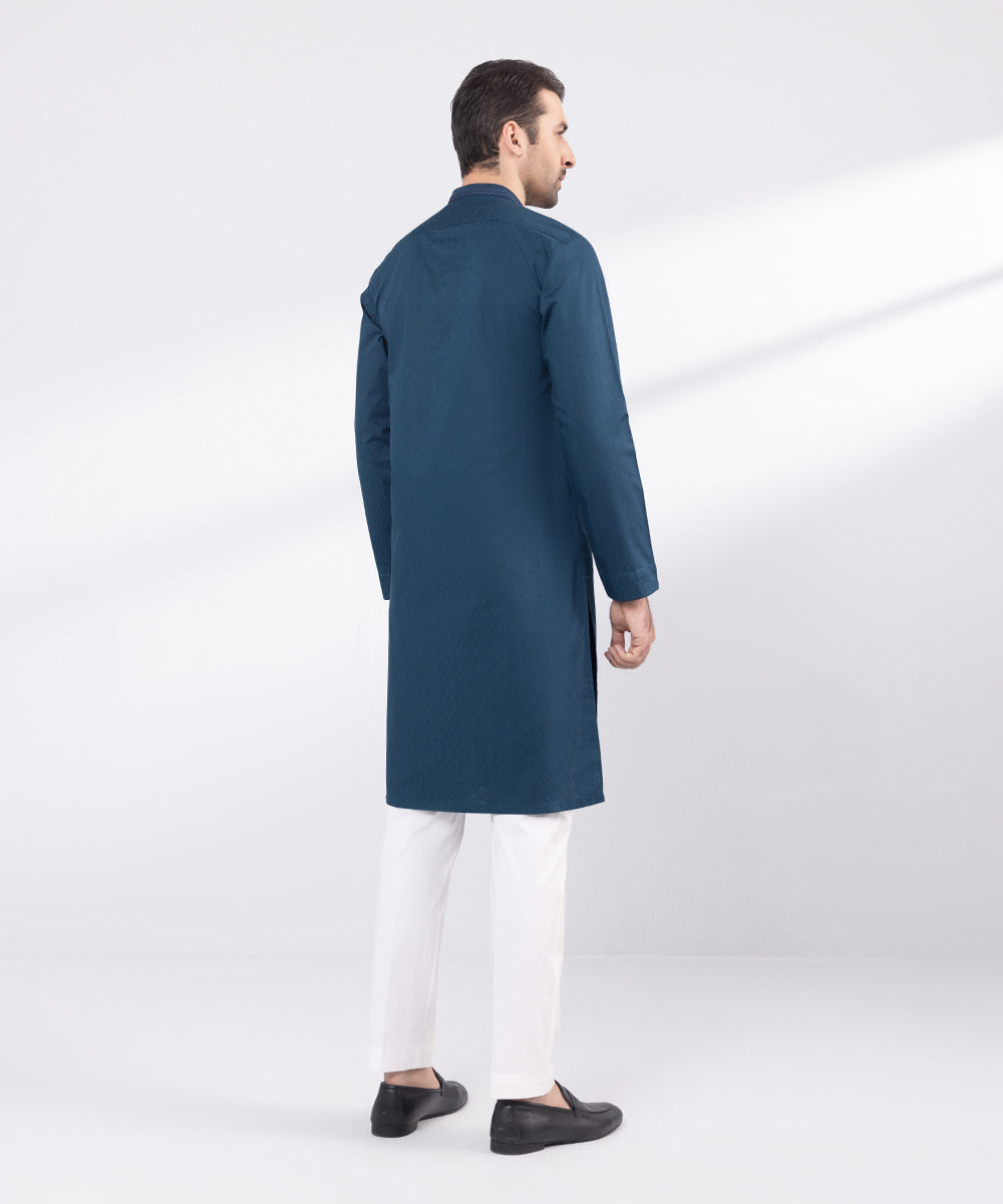 Men's Stitched Blue Embroidered Cotton Jacquard Kurta