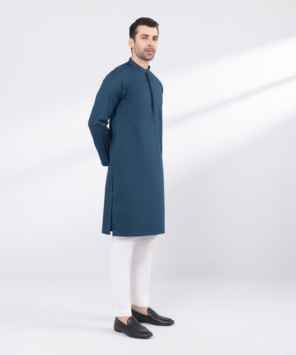 Men's Stitched Blue Embroidered Cotton Jacquard Kurta