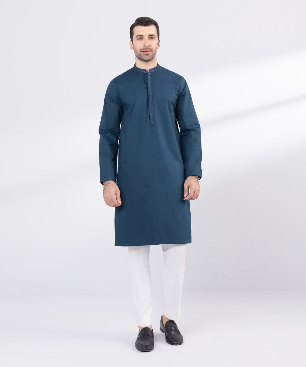 Men's Stitched Blue Embroidered Cotton Jacquard Kurta