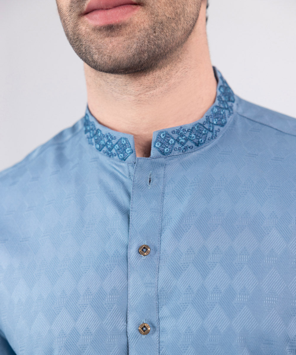 Men's Stitched Blue Embroidered Cotton Jacquard Kurta