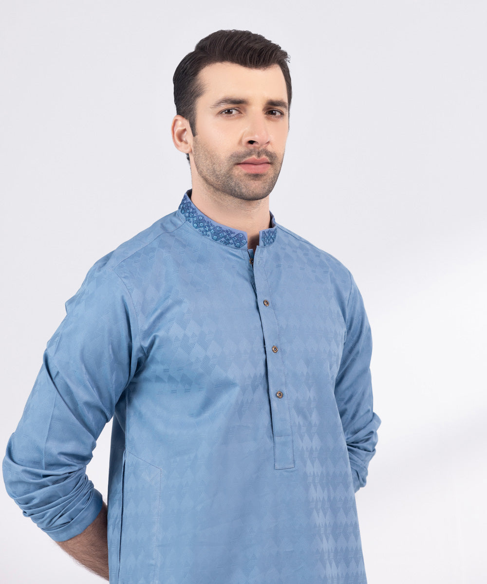 Men's Stitched Blue Embroidered Cotton Jacquard Kurta