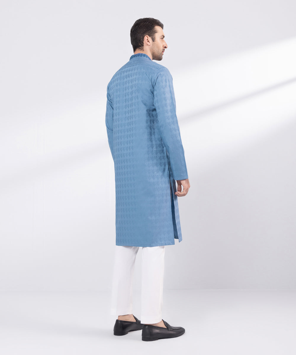 Men's Stitched Blue Embroidered Cotton Jacquard Kurta