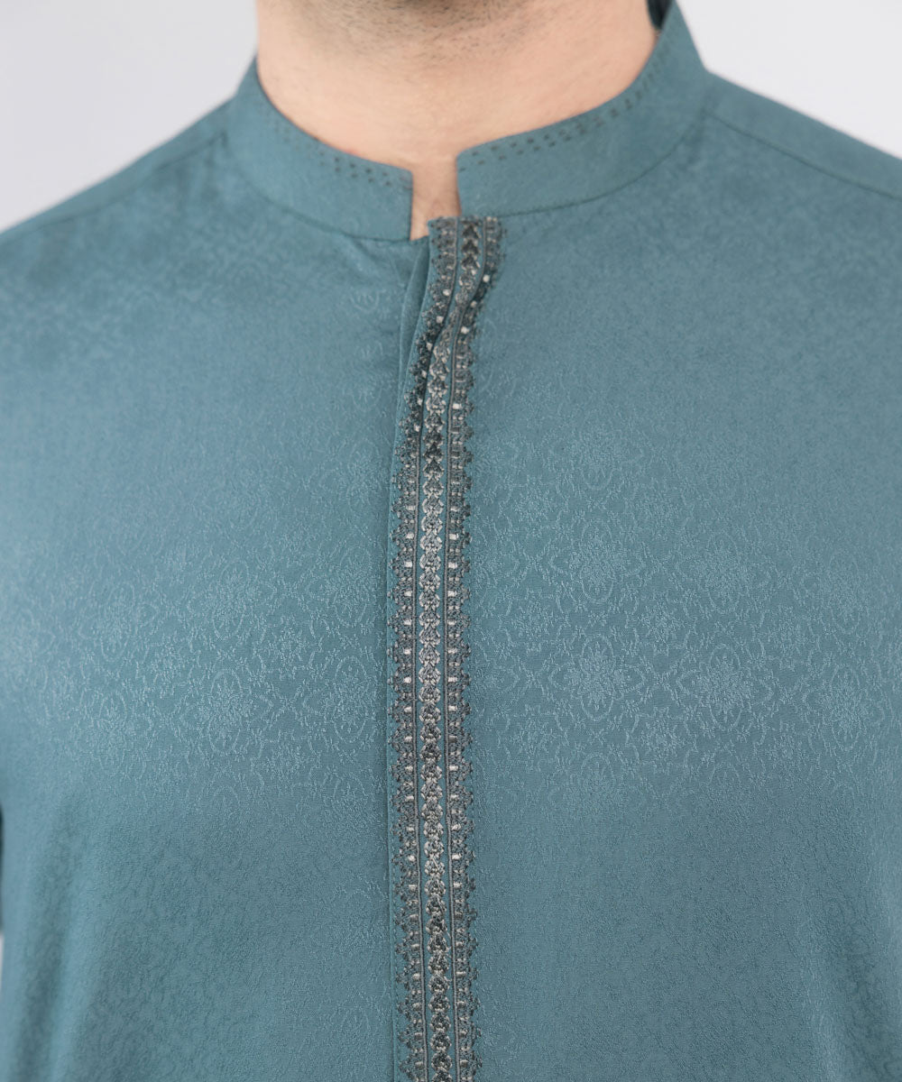 Men's Stitched Blue Embroidered Cotton Jacquard Kurta