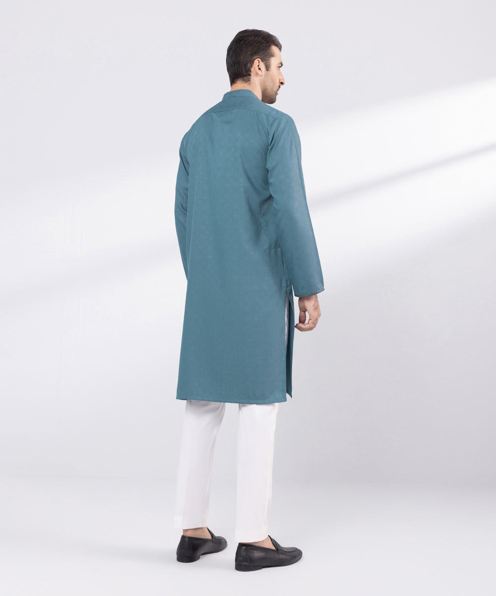 Men's Stitched Blue Embroidered Cotton Jacquard Kurta