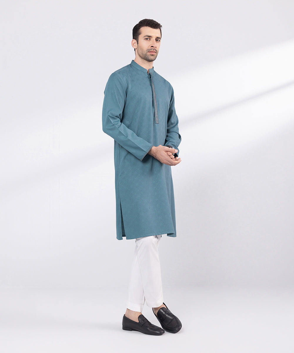 Men's Stitched Blue Embroidered Cotton Jacquard Kurta