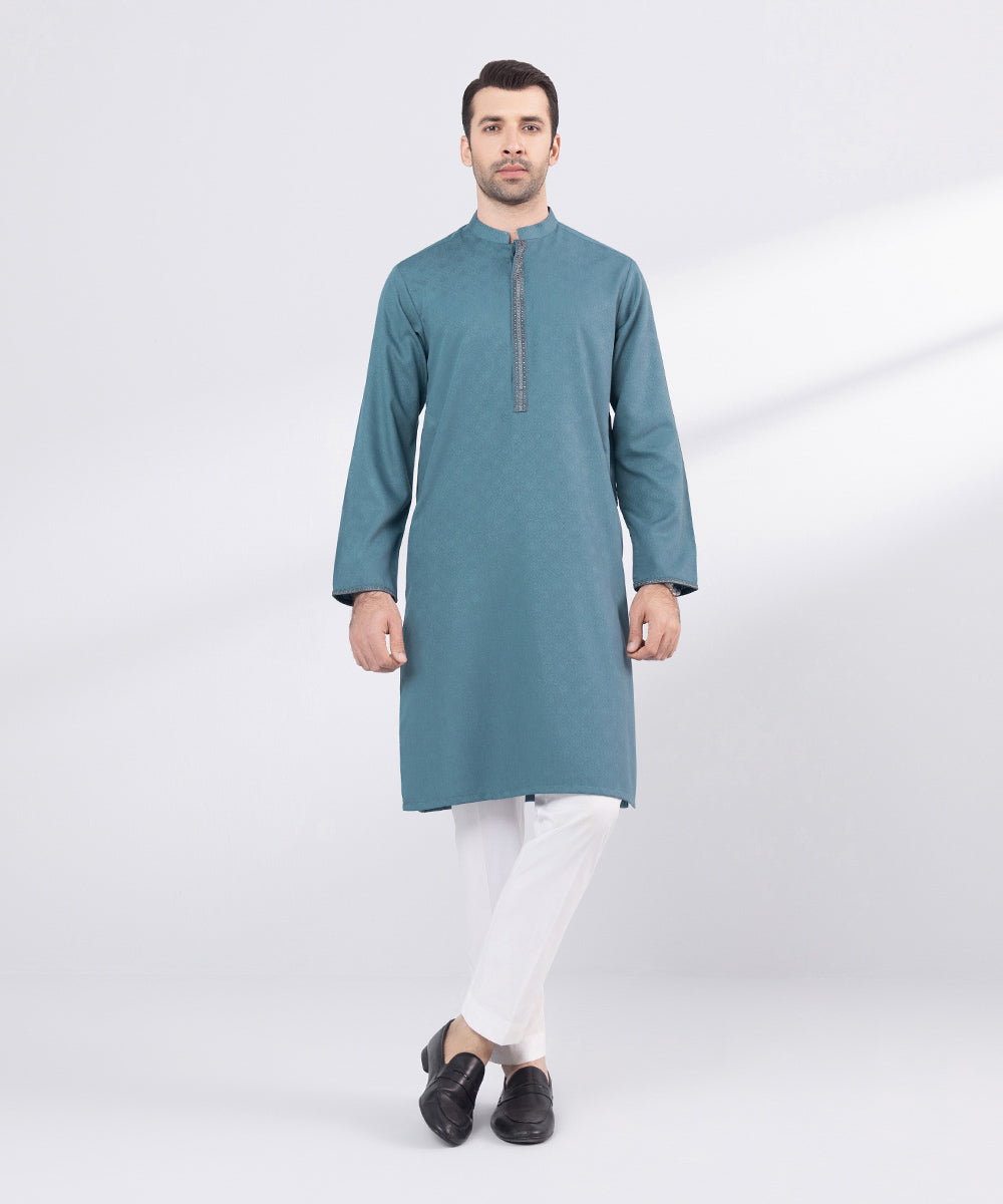 Men's Stitched Blue Embroidered Cotton Jacquard Kurta