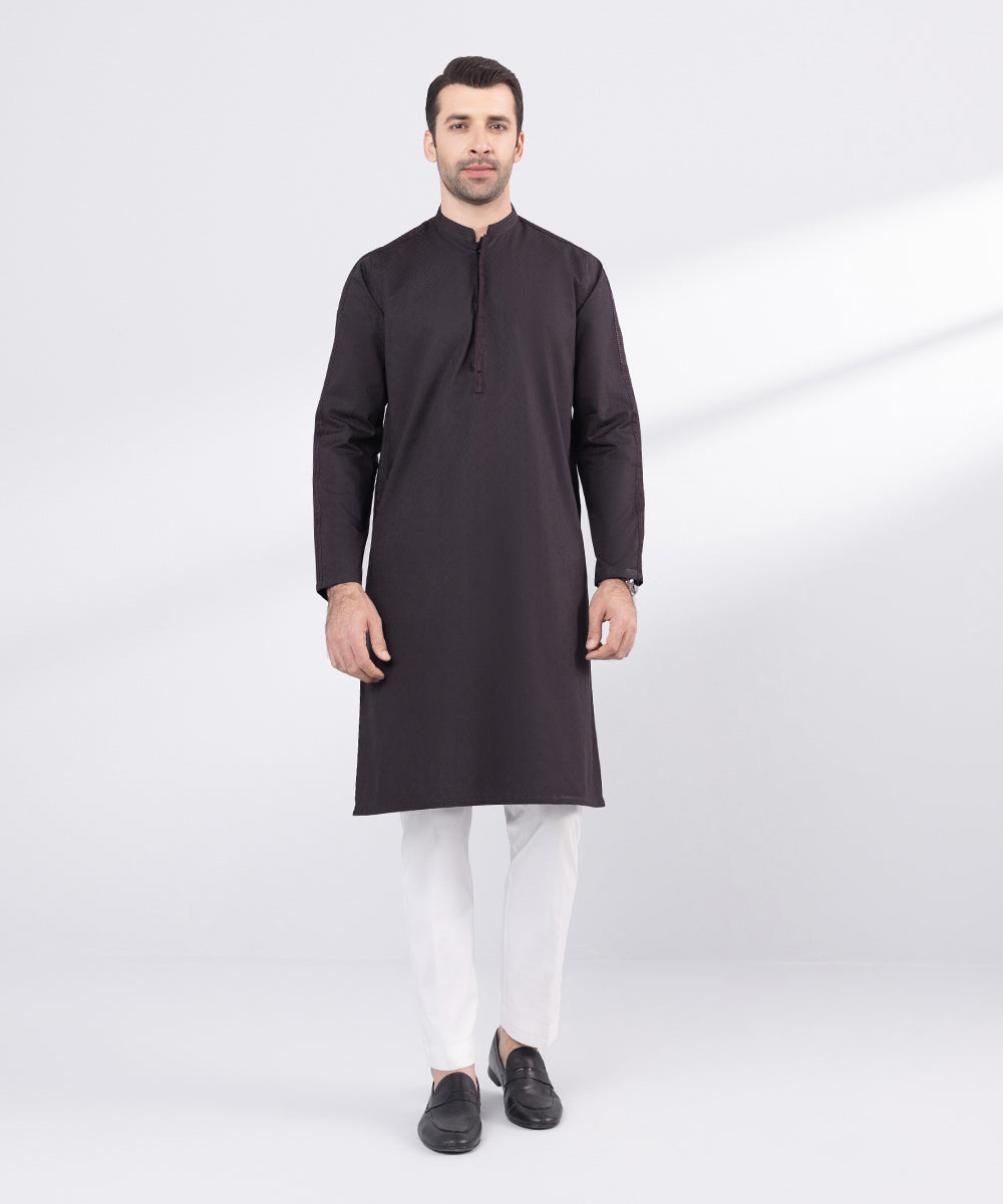 Men's Stitched Purple Embroidered Cotton Jacquard Kurta