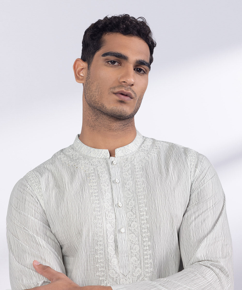 Men's Stitched White Lines Cotton Kurta