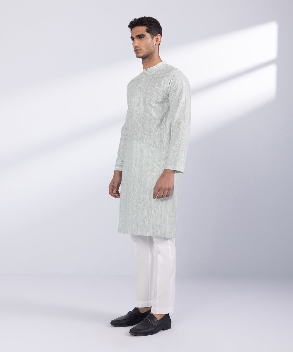 Men's Stitched White Lines Cotton Kurta