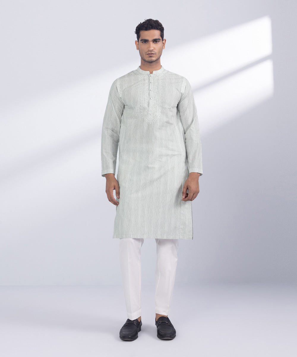 Men's Stitched White Lines Cotton Kurta