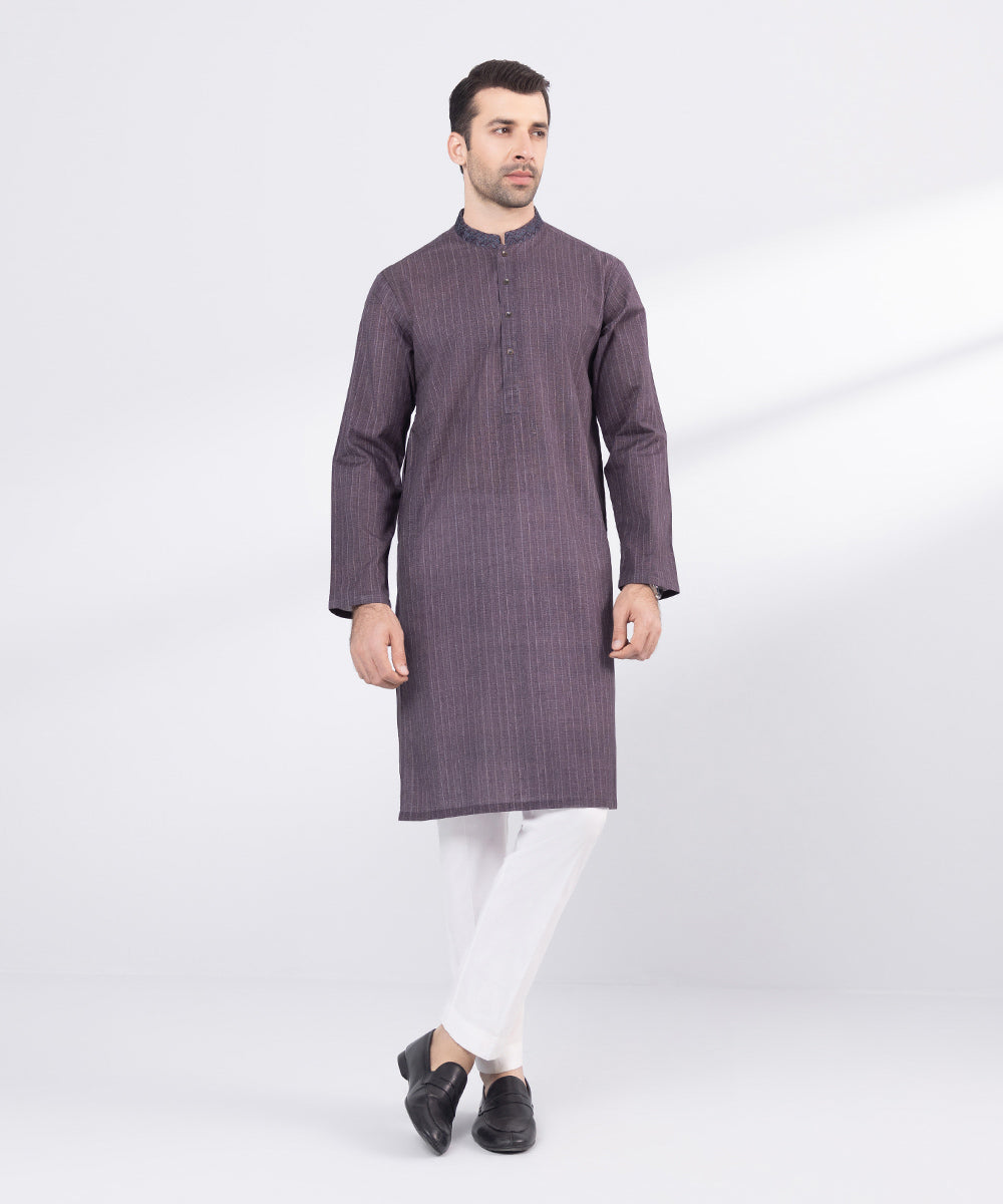 Men's Stitched Purple Embroidered Cotton Kurta