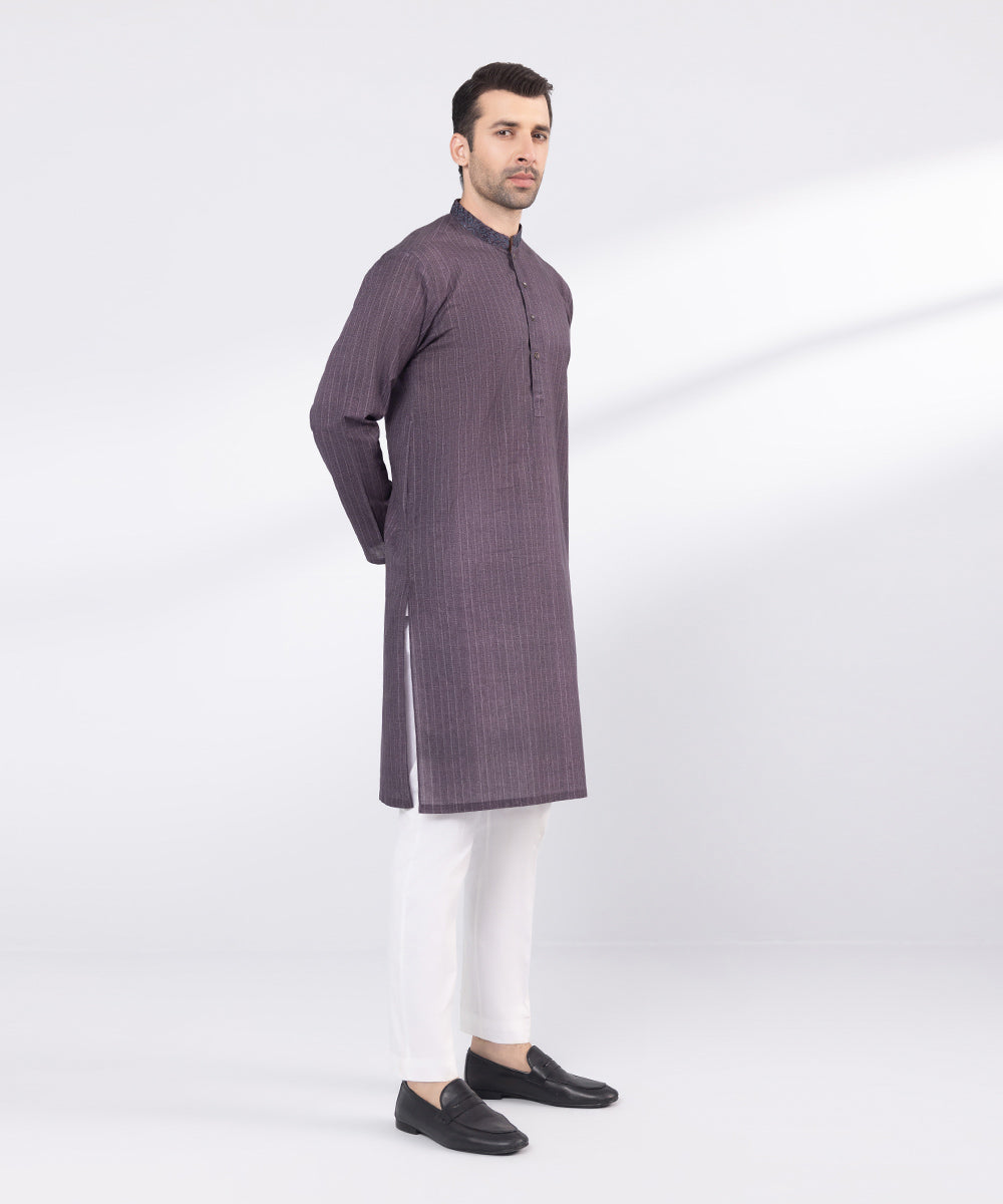 Men's Stitched Purple Embroidered Cotton Kurta