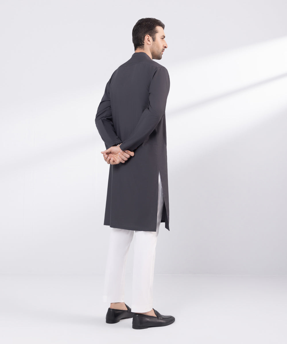 Men's Stitched Grey Embroidered Wash & Wear Kurta