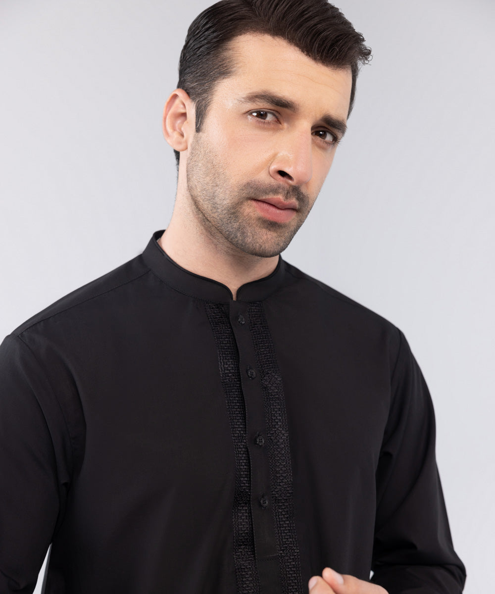 Men's Stitched Black Embroidered Wash & Wear Kurta