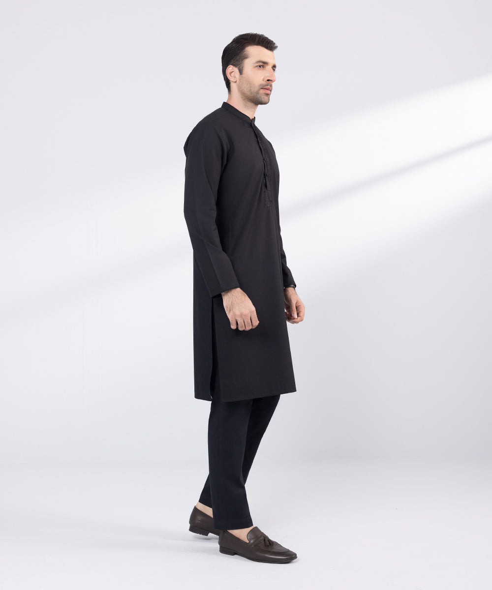 Men's Stitched Black Embroidered Wash & Wear Kurta