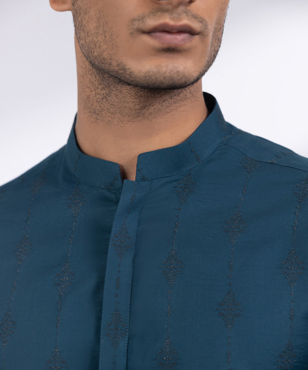 Men's Stitched Marine Blue Cotton Kurta