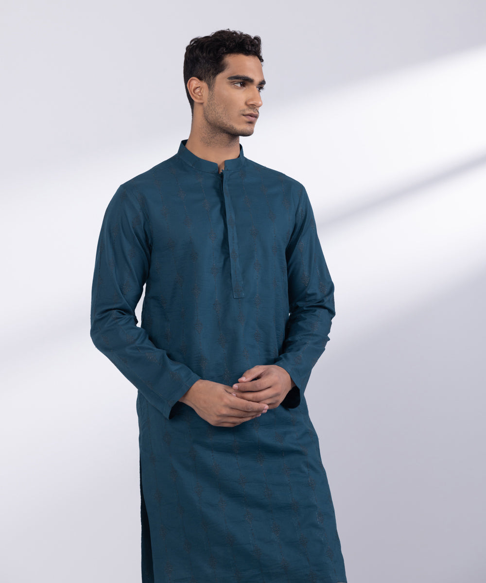 Men's Stitched Marine Blue Cotton Kurta