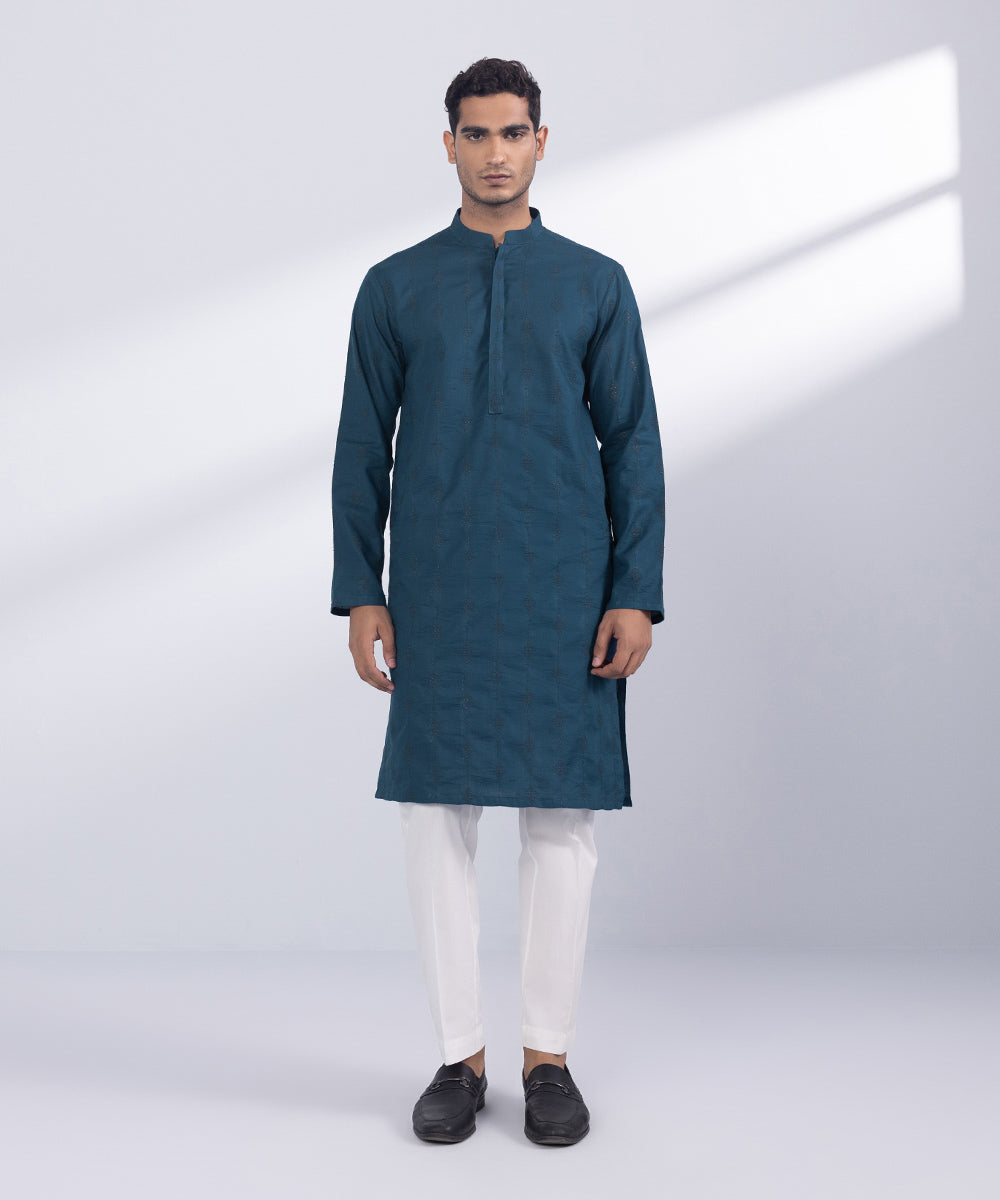 Men's Stitched Marine Blue Cotton Kurta