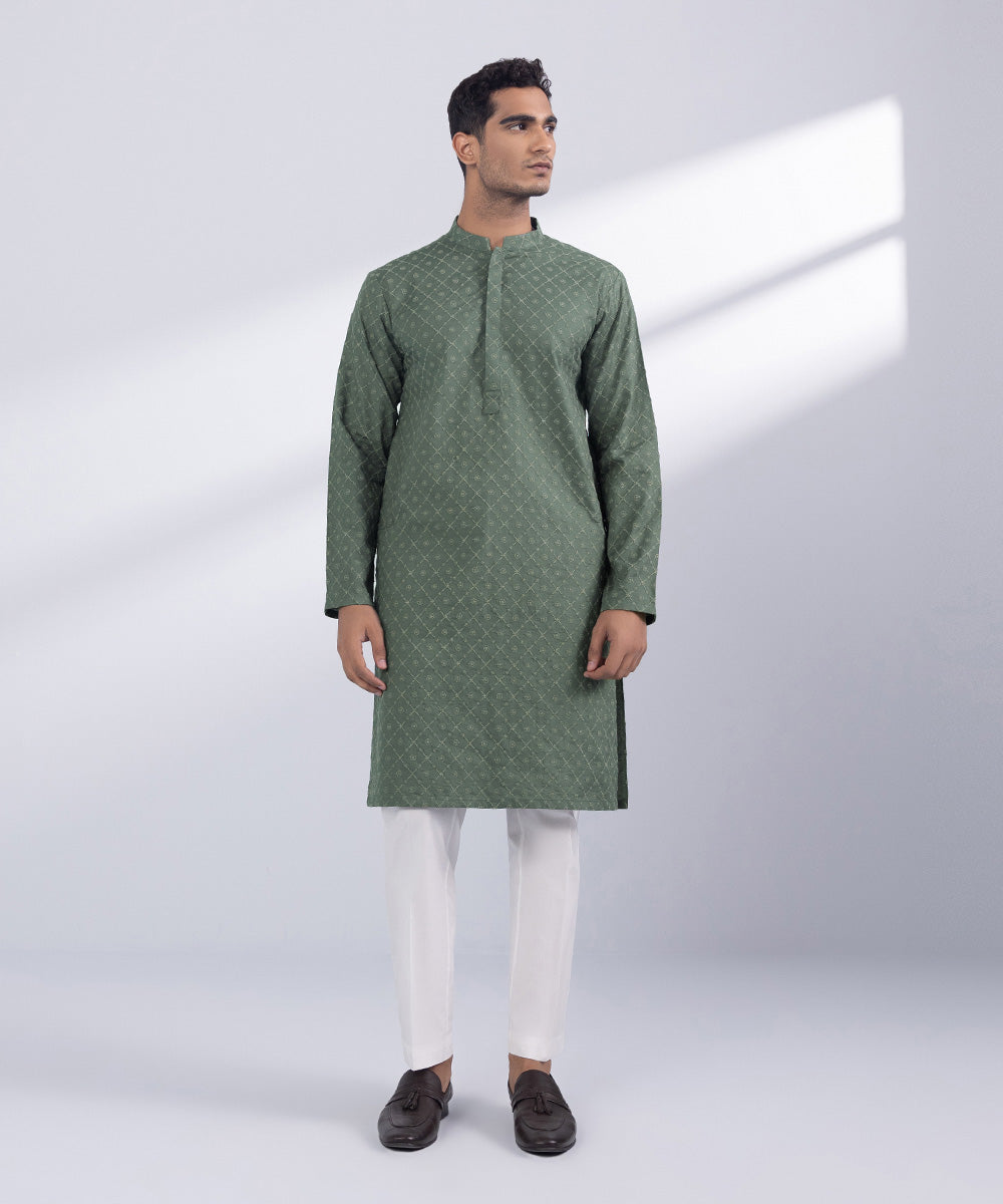 Men's Stitched Olive Cotton Kurta