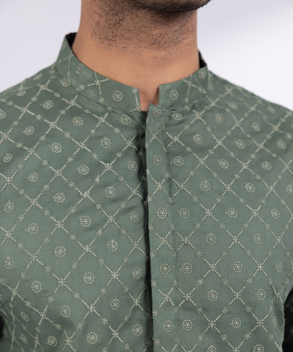 Men's Stitched Olive Cotton Kurta