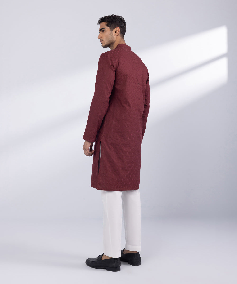 Men's Stitched Maroon Cotton Kurta