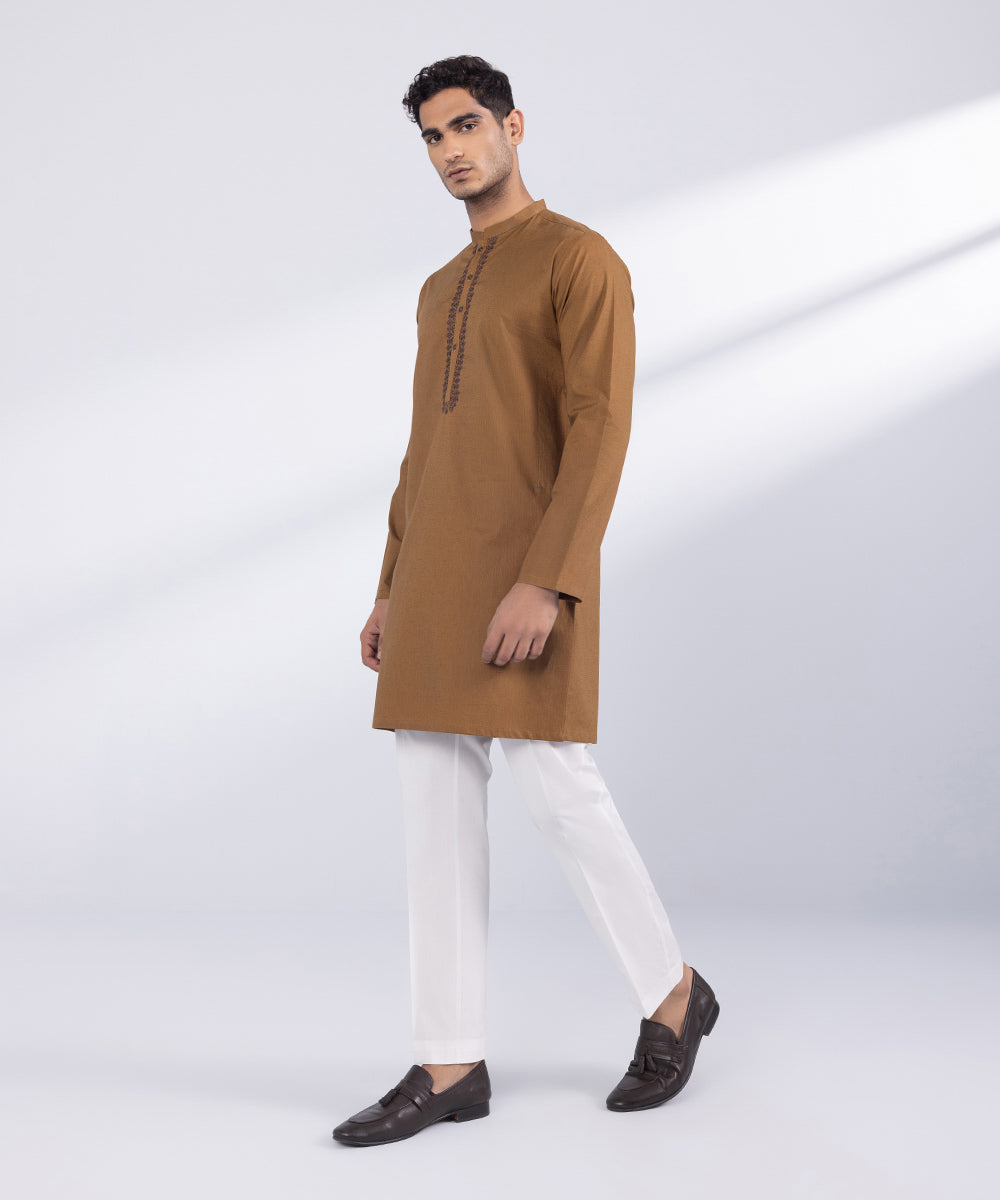 Men's Stitched Rust Cotton Kurta