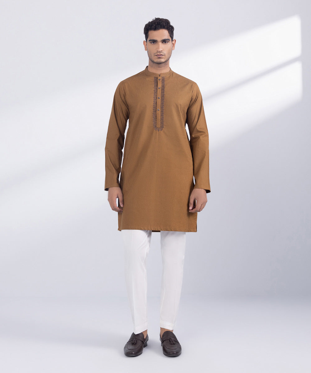 Men's Stitched Rust Cotton Kurta