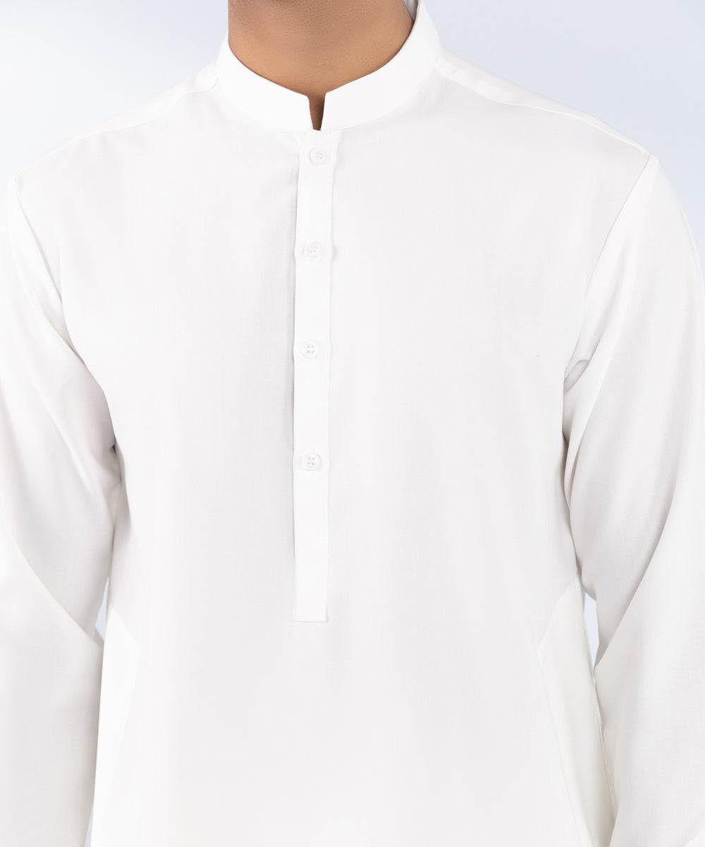 Men's Stitched Embroidered White Wash & Wear Kurta 