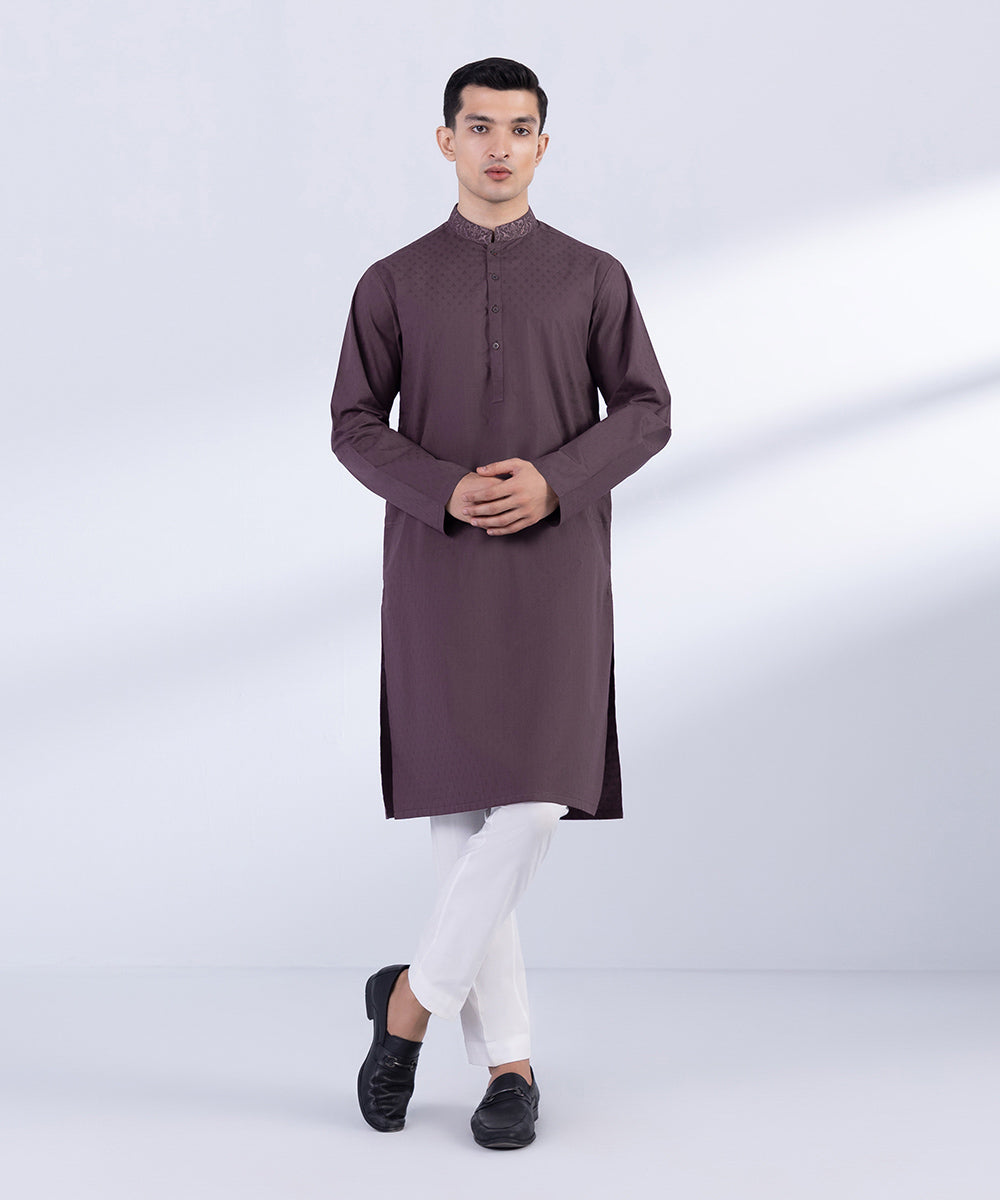 Men's Stitched Mauve Cotton Jacquard Kurta