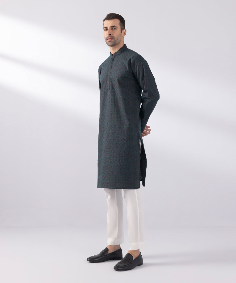 Men's Stitched Schiffili Embroidered Suit Embroidered Charcoal Straight Hem Kurta