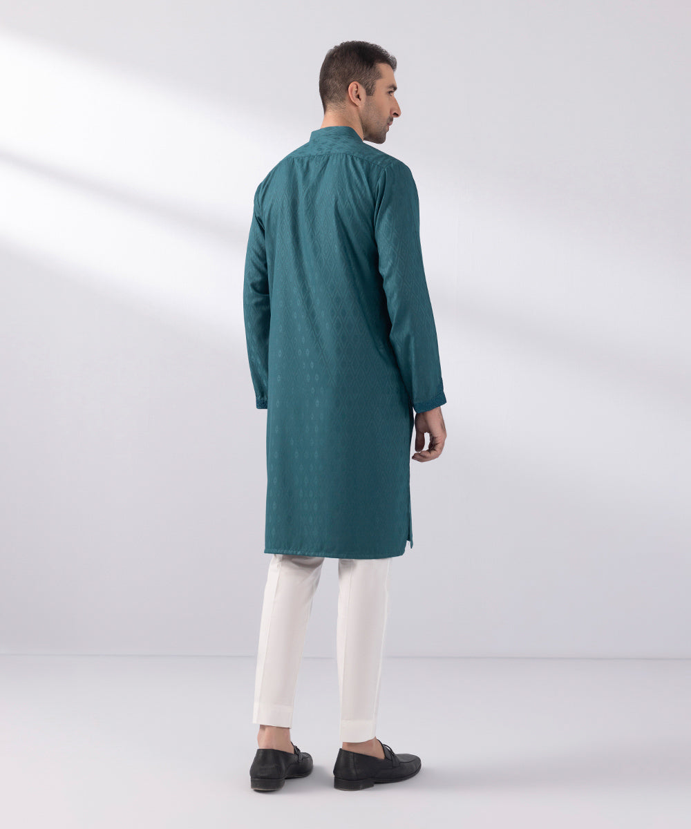 Men's Stitched Jacquard Wash & Wear Embroidered Teal Straight Hem Kurta