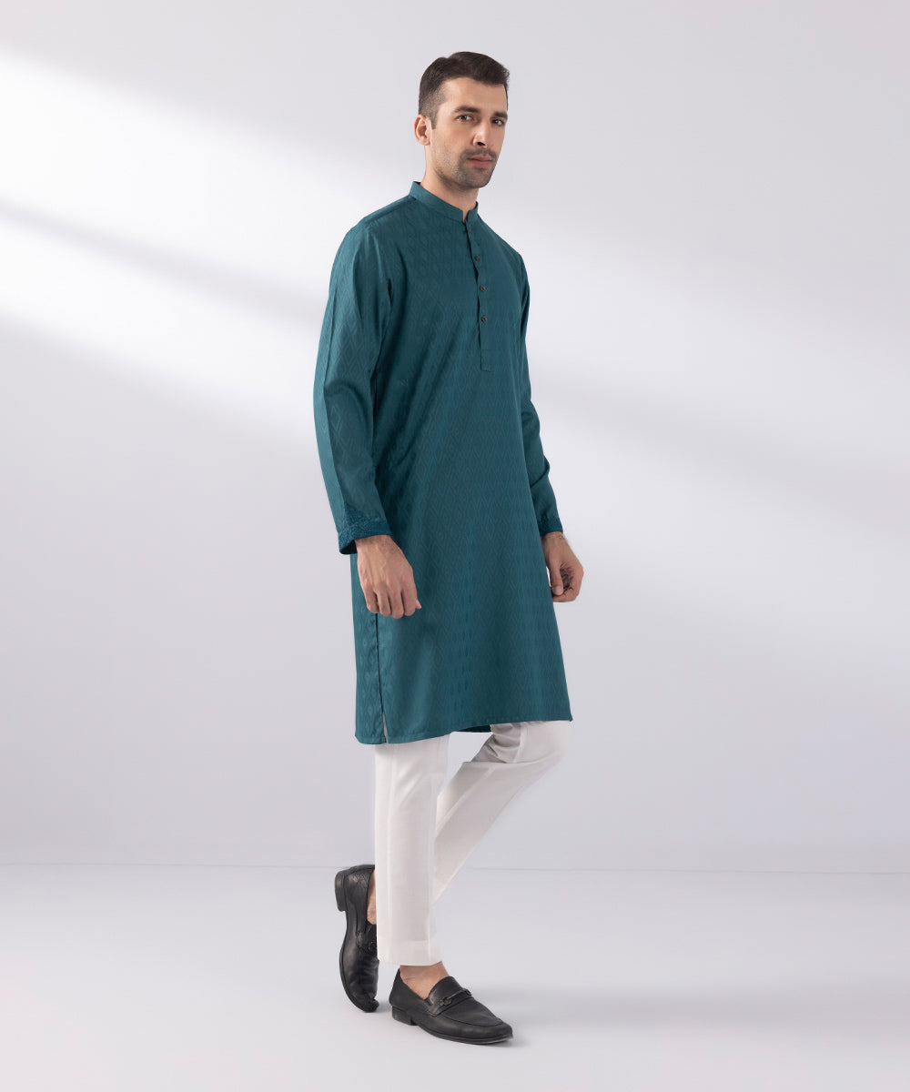 Men's Stitched Jacquard Wash & Wear Embroidered Teal Straight Hem Kurta