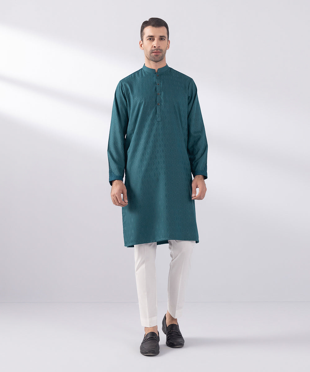 Men's Stitched Jacquard Wash & Wear Embroidered Teal Straight Hem Kurta