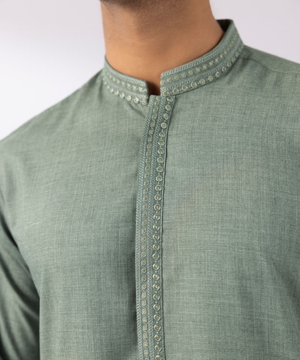 Men's Stitched Wash & Wear Embroidered Green Straight Hem Kurta