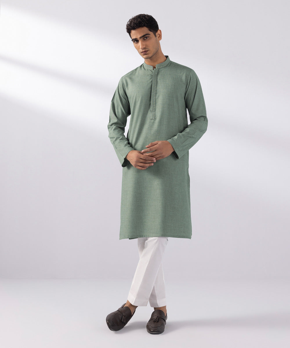 Men's Stitched Wash & Wear Embroidered Green Straight Hem Kurta