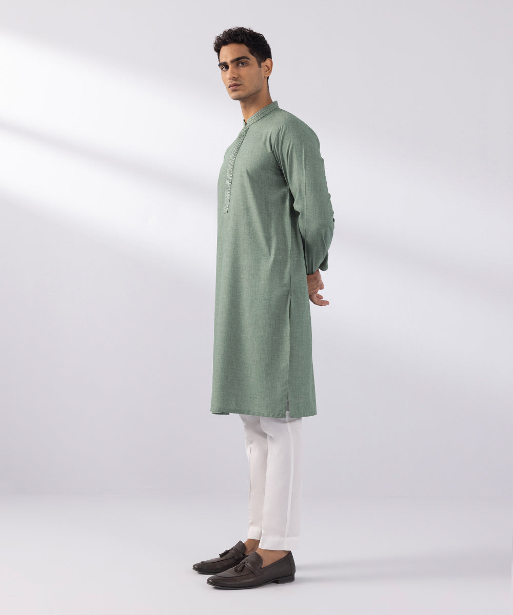 Men's Stitched Wash & Wear Embroidered Green Straight Hem Kurta