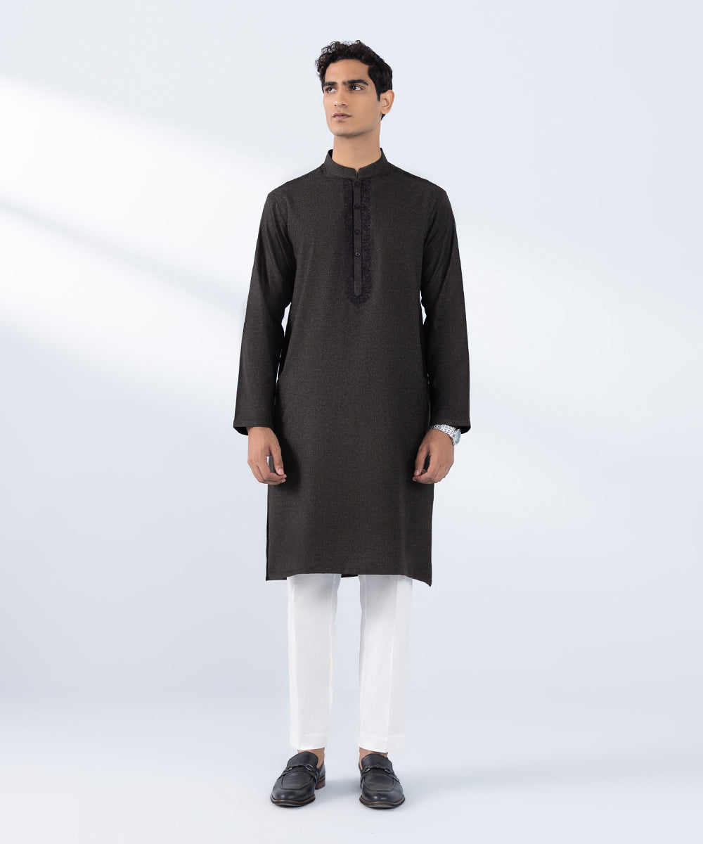 Men's Stitched  Embroidered Olive Wash & Wear Kurta 