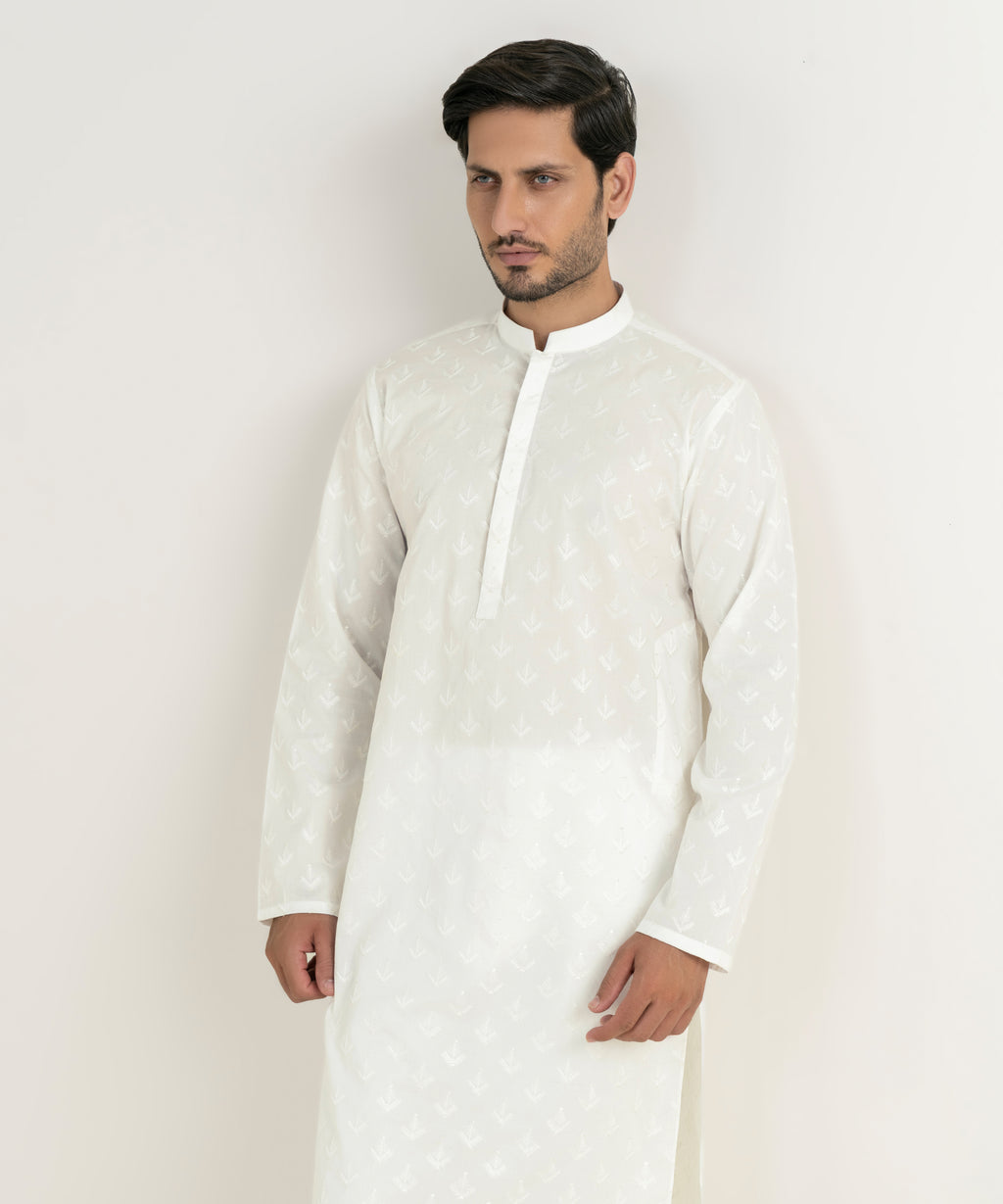 Men's 100% Cotton Embroidered White Kurta