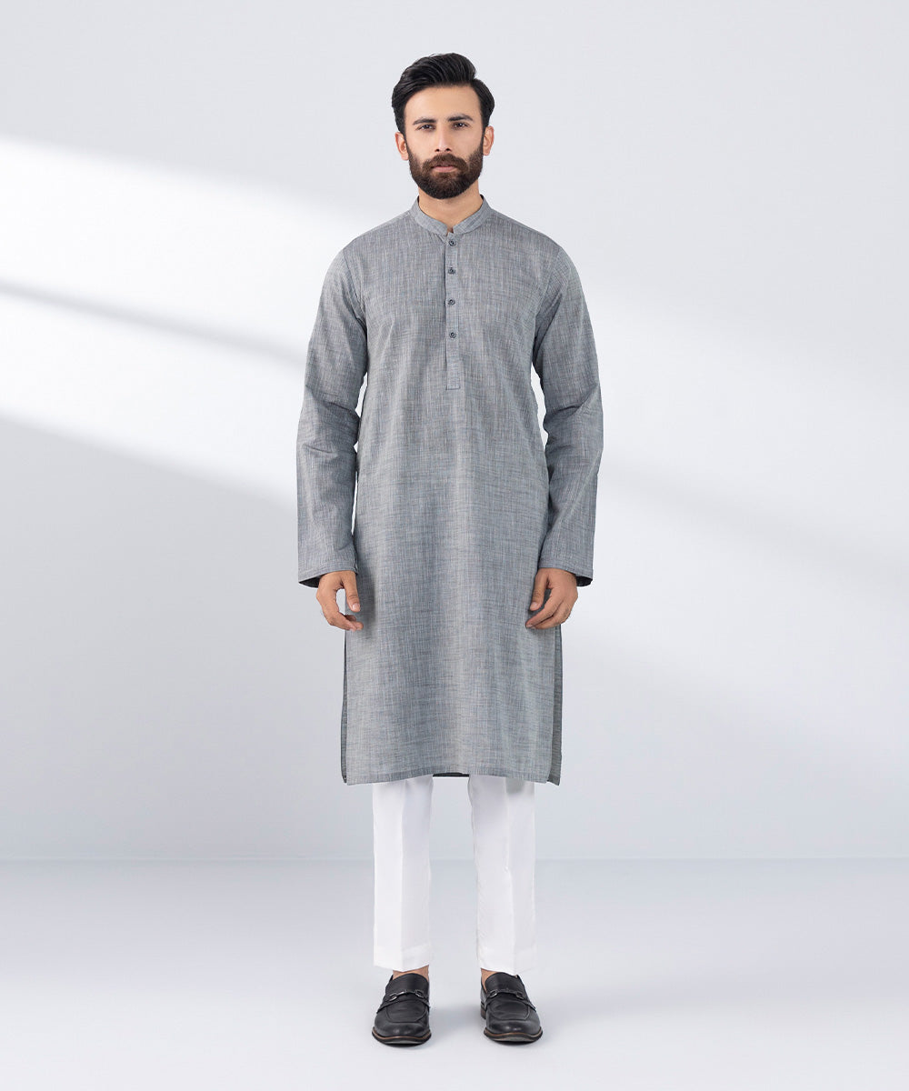 Men's Stitched Grey Cotton Kurta 