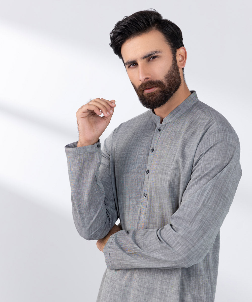 Men's Stitched Grey Cotton Kurta 